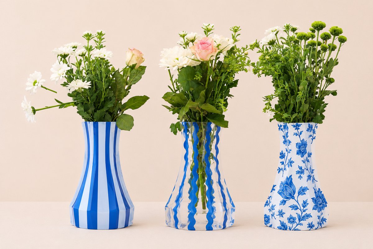 BOECKET Opvouwbare Vaas Set van 3 – Blauw Wit – Design Vazen – Delfts Blauw – Herbruikbare Bloemenvaas – Moderne Woondecoratie – Kunststof Vazen