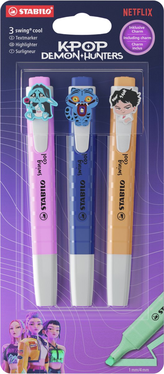 STABILO x KPop Demon Hunters swing cool - Markeerstift + KPop Charm - Blister Met 3 Kleuren