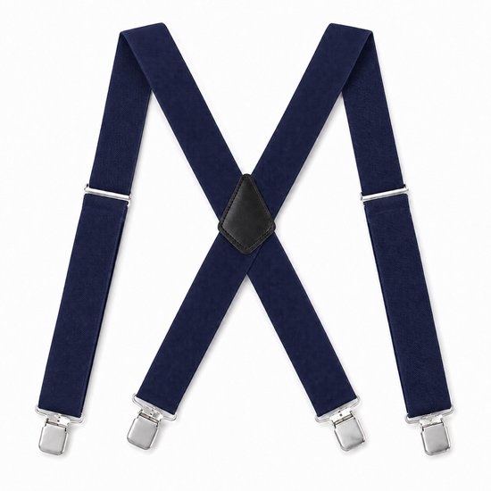 Een opgevouwen paar donkerblauwe bretels met vier zilveren clips.