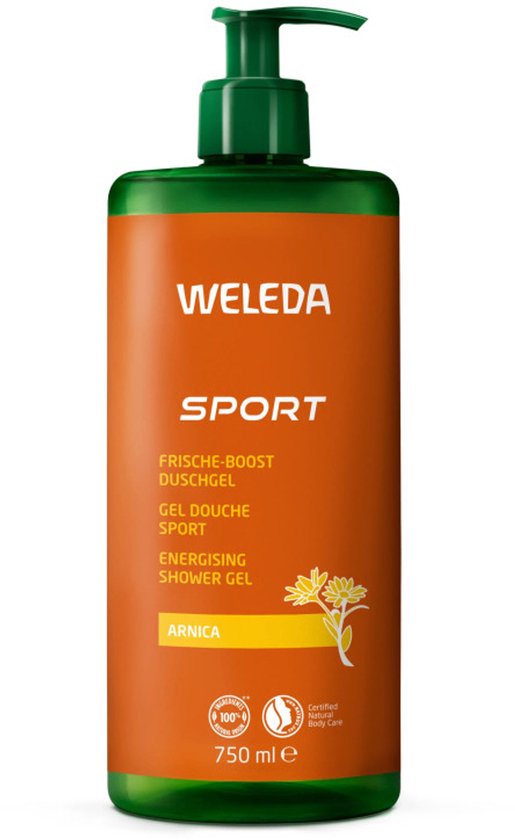 Oranje fles met groene pompdispenser, met het Weleda Sport logo en tekst "ENERGISING SHOWER GEL ARNICA".