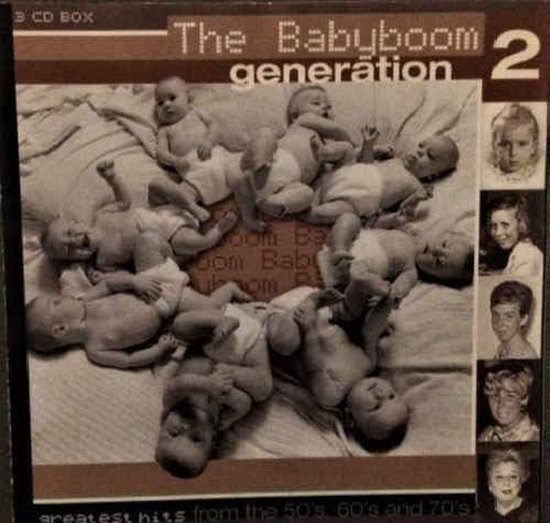 CD-hoes met titel 'The Babyboom generation 2', 3 CD BOX, met compilatie van de jaren 50, 60 en 70. Foto van slapende baby's op een bed.