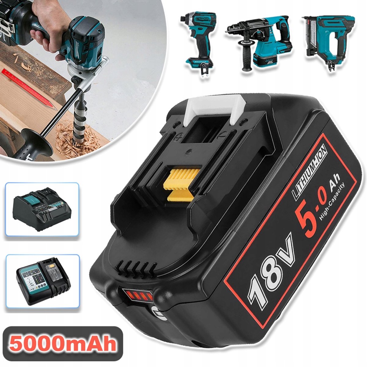 18V 5Ah Li-Ion Gereedschapsaccu - 5000mAh Meervoudige Beveiliging Snelladen - Universele Pasvorm Voor Makita BL1860B/Bl1850/BL1830-Serie - Duurzaam ABS - Zwart