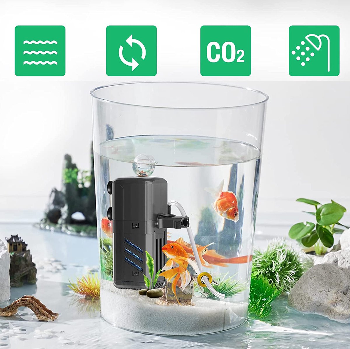 Aquariumpomp - 4-in-1 Aquarium Filterpomp - 500 L/u Watercirculatie - Regelbare Waterstroom - Ingebouwd Filter en Beluchting - Geluidsarm met Zuignappen - Voor Aquarium, Vijver, Fontein en Hydrocultuur thumbnail 4