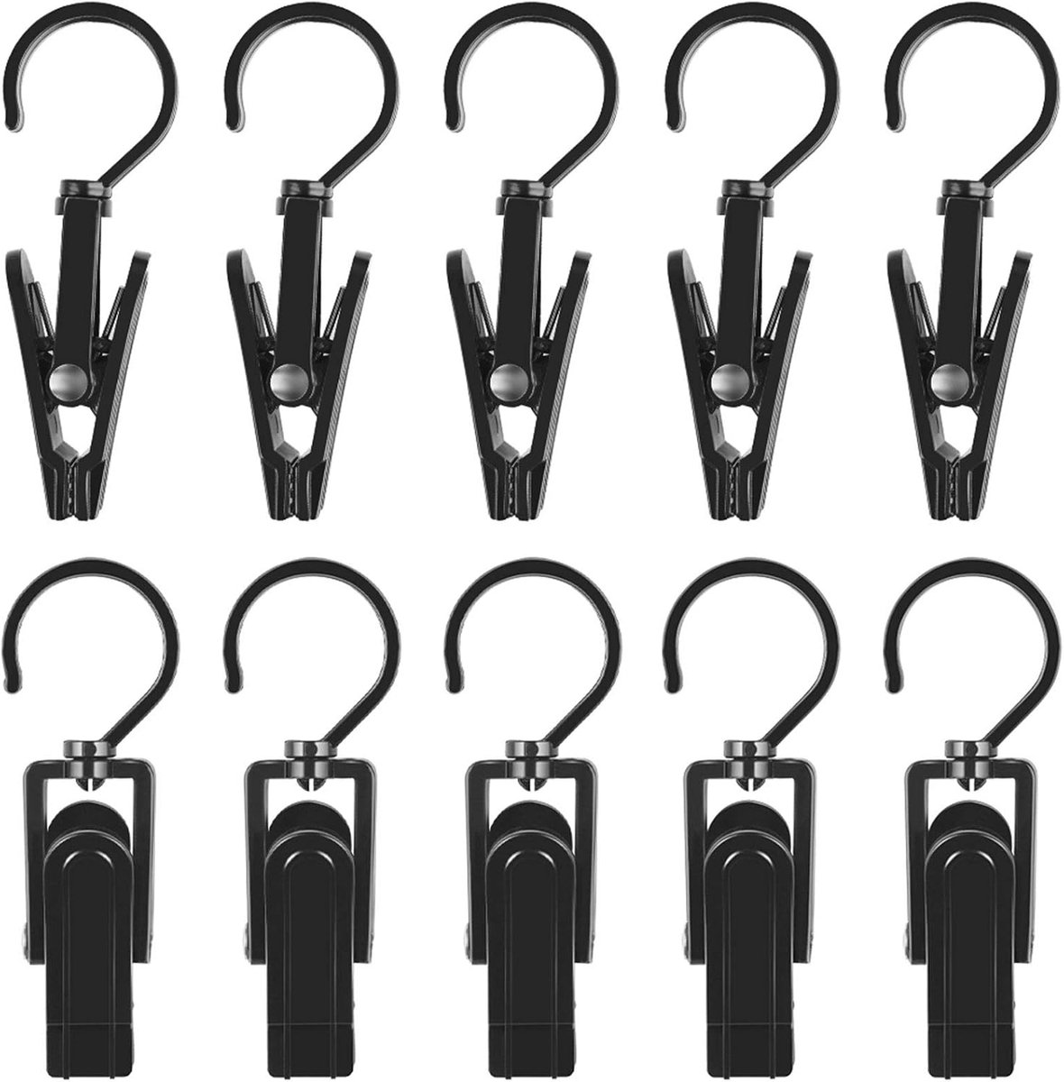 20 Stuks Waslijn Clips - Draagbare Antislip Plastic Hangers Met 360 Graden Draaibare Haak - Voor Kleding Gordijnen Badhanddoeken Hoeden Lakens En Jassen - Zwart