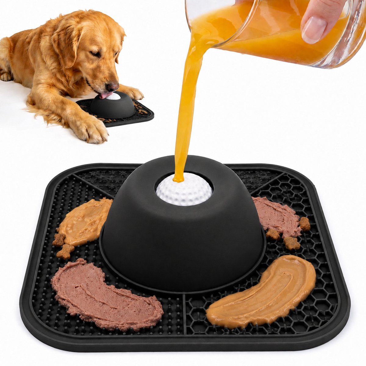 Ulisem - Slow Feeder Hondenbak - Anti Schrokbak met Likmat & Interactieve Rolbal - Likkom voor Honden en Katten - Natvoer & Snacks - Zwart