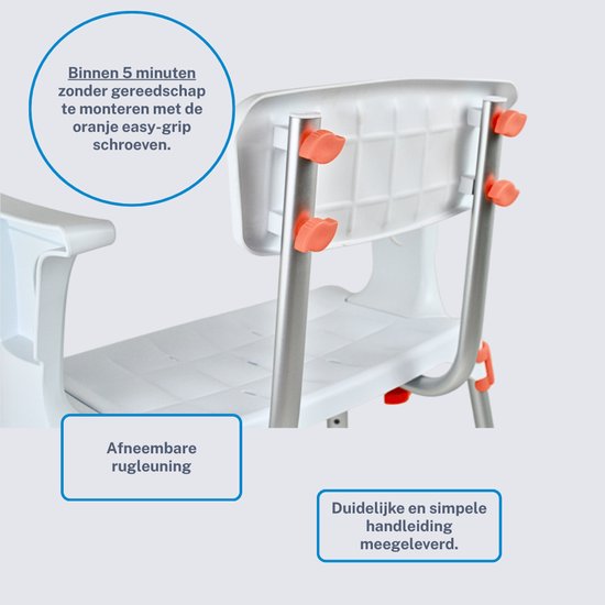 Witte douchestoel met afneembare rugleuning en oranje easy-grip schroeven.