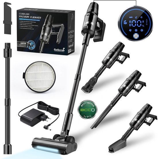 Zwarte GoScrub steelstofzuiger met digitaal display, accessoires en een doos met productinformatie.