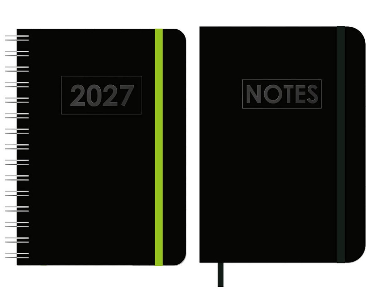 MGPcards - A5 Wire-O Agenda 2027 - Weekoverzicht 1w/2p - Zwart + Groen elastiek - 14,8 x 21 cm + Notitieboekje/opschrijfboekje - gelinieerd - 80 pagina's - A5 - Zwart