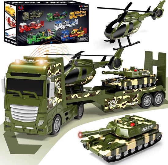 Groene camouflage truck met trailer, met een groene helikopter en een groene tank erop. Ernaast een losse groene tank.
