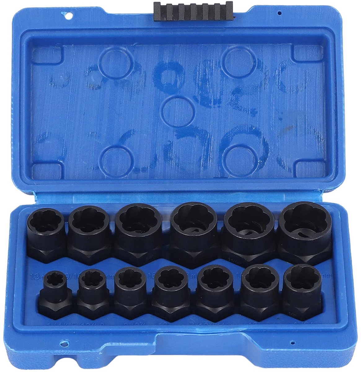 3/8 inch dopsleutelset voor het verwijderen van bouten – Linkshandige tap – Schroefverwijderaar – Moertrekker – Voor het verwijderen van dolgedraaide boutkoppen – 13-delige set – Blauwe doos