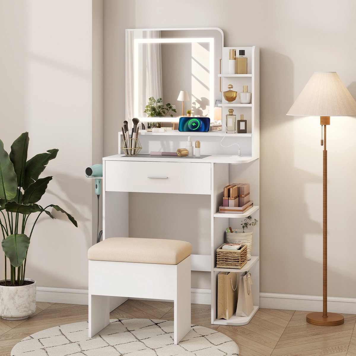 Puluomis - Kaptafel - Make-uptafel - Kaptafel met spiegel en ledverlichting - Make-upstoel - 1 grote lade - Oplaadstation - Föhnhouder - Open schappen - Wit