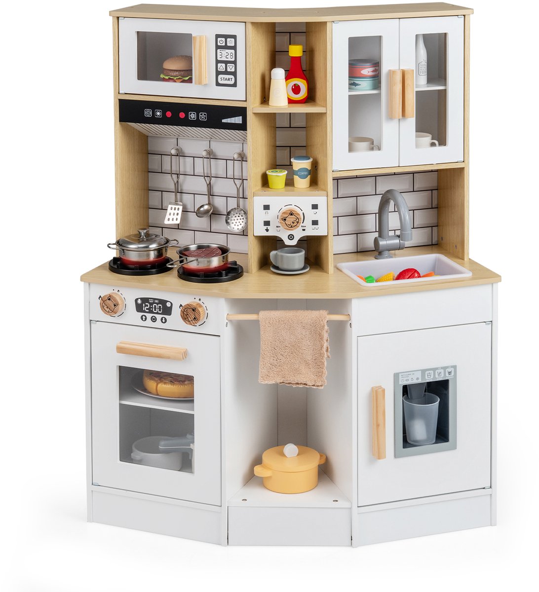 COSTWAY Kinderkeuken met 10 stuks. accessoires, houten speelkeuken met licht en geluid, houten keuken incl. fornuis, spoelbak, ijsmachine, koffiezetapparaat, magnetron & oven, speelgoedkeuken voor