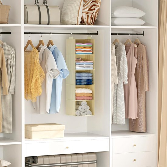 2 Stuks Kleding Organizer Hangend - Garderobe Organizer met 5 Vakken en Zijvakken - Opvouwbare Hangende Opberger voor Kleding, Schoenen en Accessoires - Beige — afbeelding 2