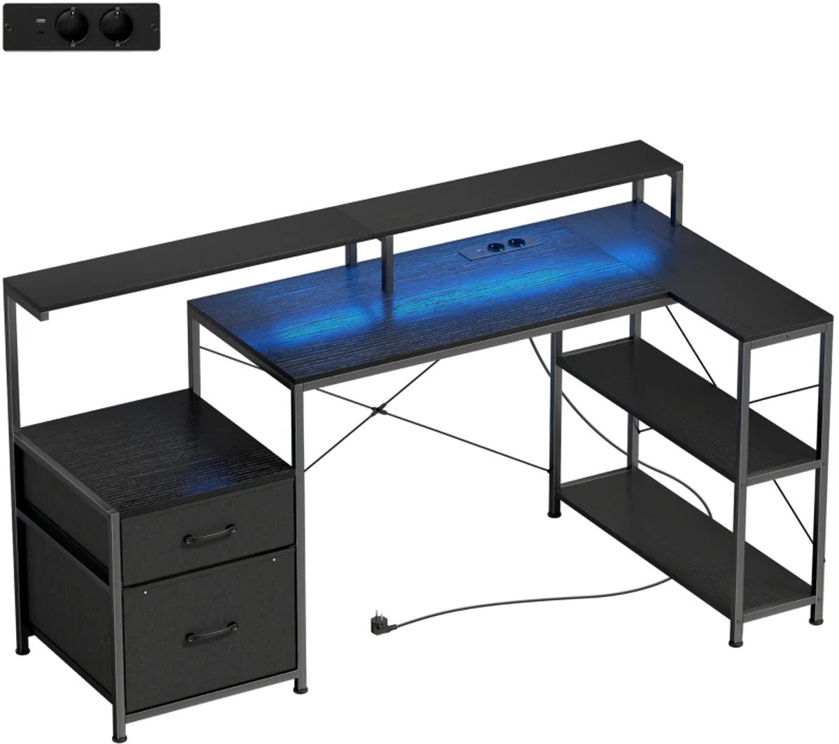 L-Vormig Game Bureau - 165x80x91,5 cm - Gametafel met LED en stopcontacten - Dubbele monitorstandaard - Zwarte houtlook
