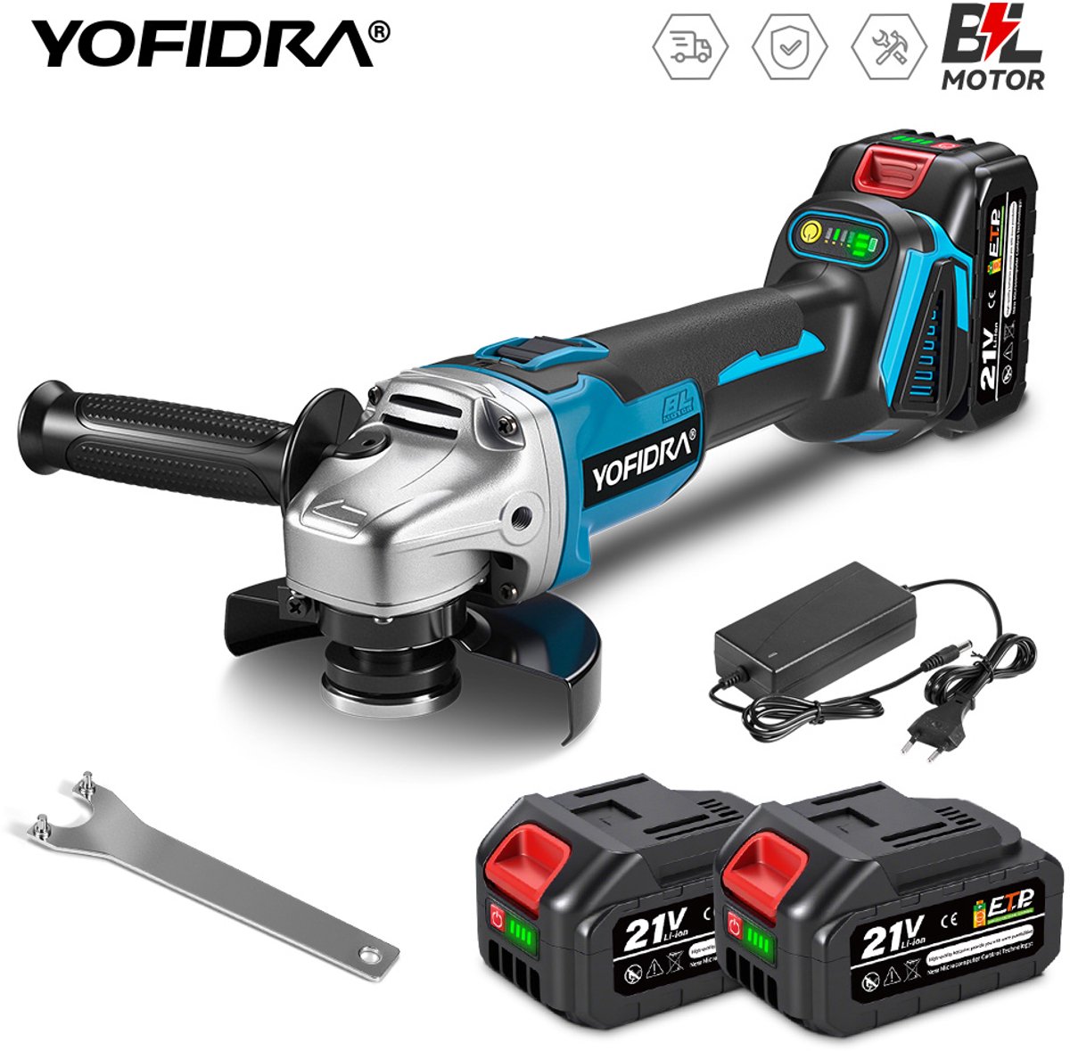 YOFIDRA 125mm Accu-haakse slijper – dubbele accu-configuratie en variabele snelheidsregeling, geschikt voor bouw, houtbewerking en polijstwerkzaamheden.