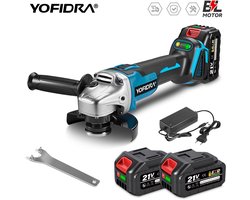 YOFIDRA 125mm Accu-haakse slijper – dubbele accu-configuratie en variabele snelheidsregeling, geschikt voor bouw, houtbewerking en polijstwerkzaamheden.