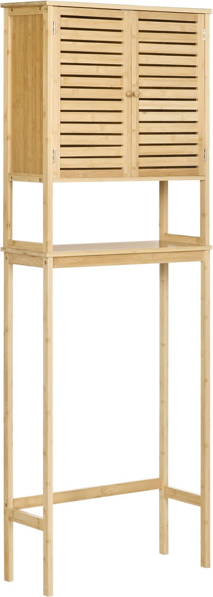 Boven het toiletkastje - bamboe opbergkast met 2 deuren - vrijstaande ruimtebesparende toiletrek - met verstelbare binnenplank en open plank - 60 x 23 x 173 cm