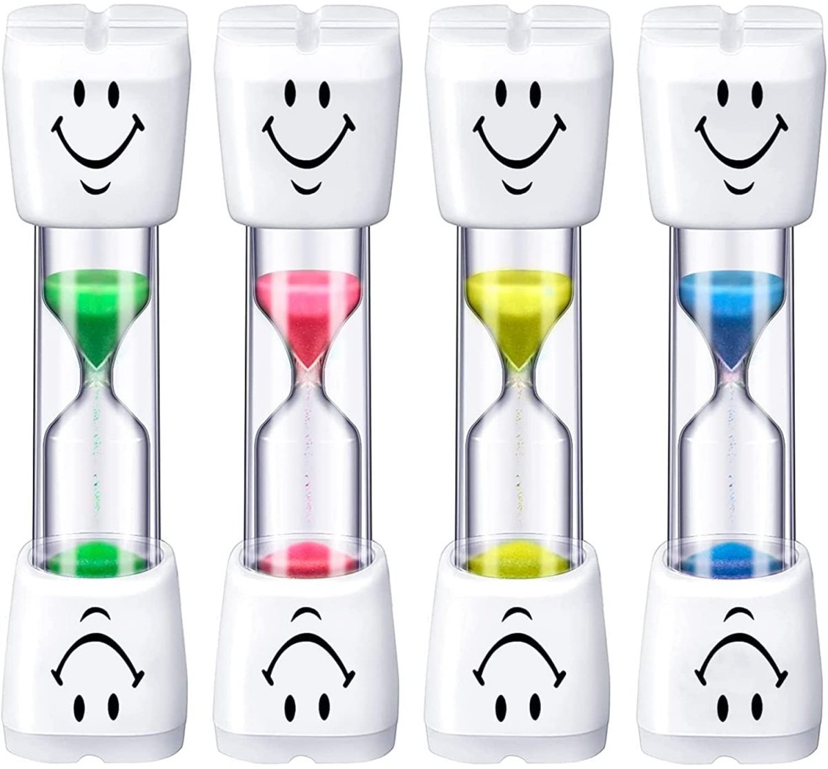 SSTRWGOOD Zandloper Timer - 4 Stuks - 3 Minuten - Dubbele Bescherming Waterdicht en Schokbestendig met Leuk Smiley Ontwerp - Geschikt voor Keuken en Dagelijks Gebruik - Kunststof en Glas - 10x2,3x2,3cm
