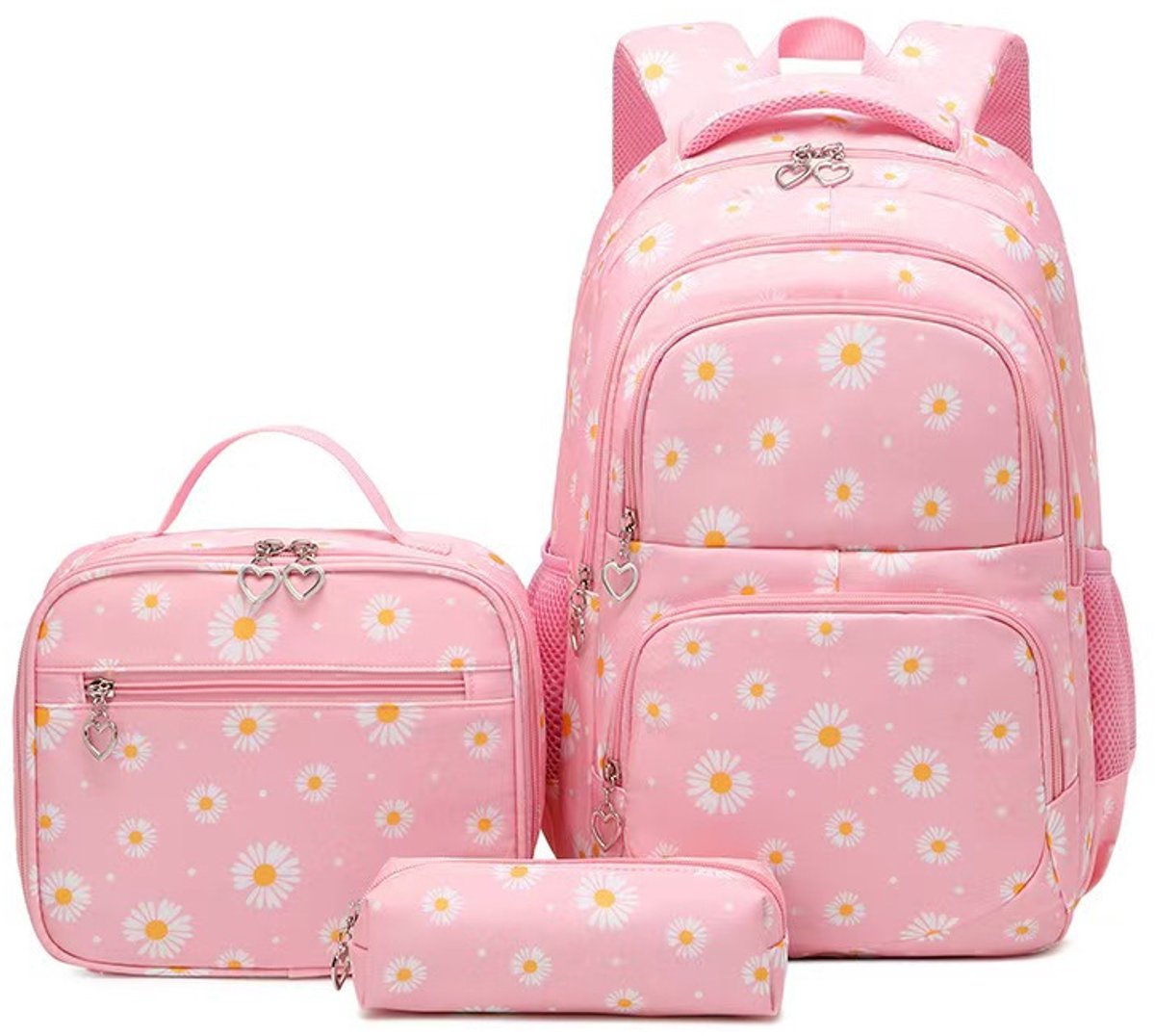 3-in-1 rugzakset voor meisjes – schoolrugzak met madeliefjesprint – inclusief lunchbox en etui – lichtgewicht waterdichte boekentas – voor tienermeisjes, basisschool- en middelbare scholieren – reisrugzak(Roze)