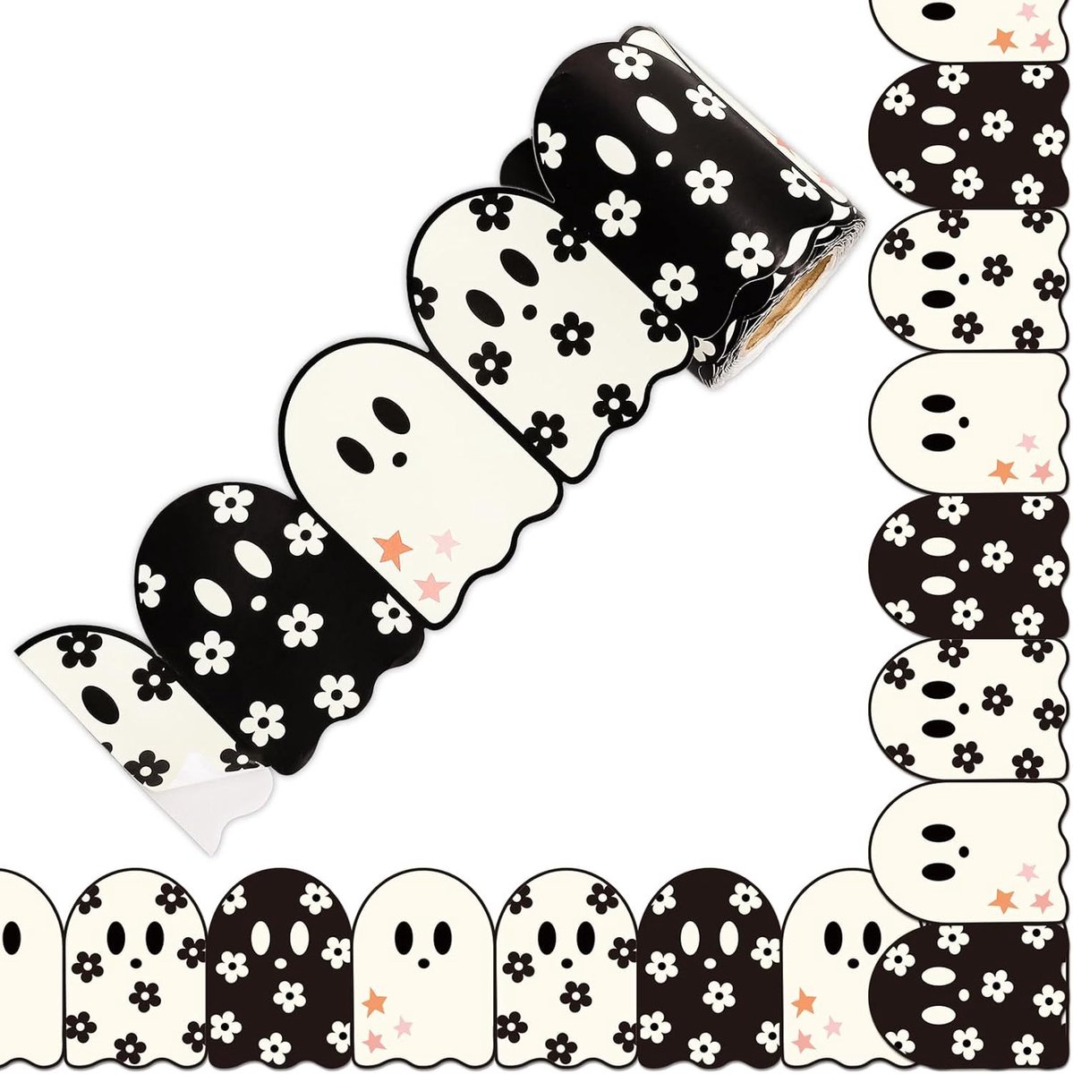 1 rol zelfklevende randstickers voor prikborden - 7 cm × 10 m – Halloween-thema – Versierd met bloemen en spookjes – Geschikt voor klaslokalen, kantoren, schoolborden en feestdecoraties – Zwart-wit