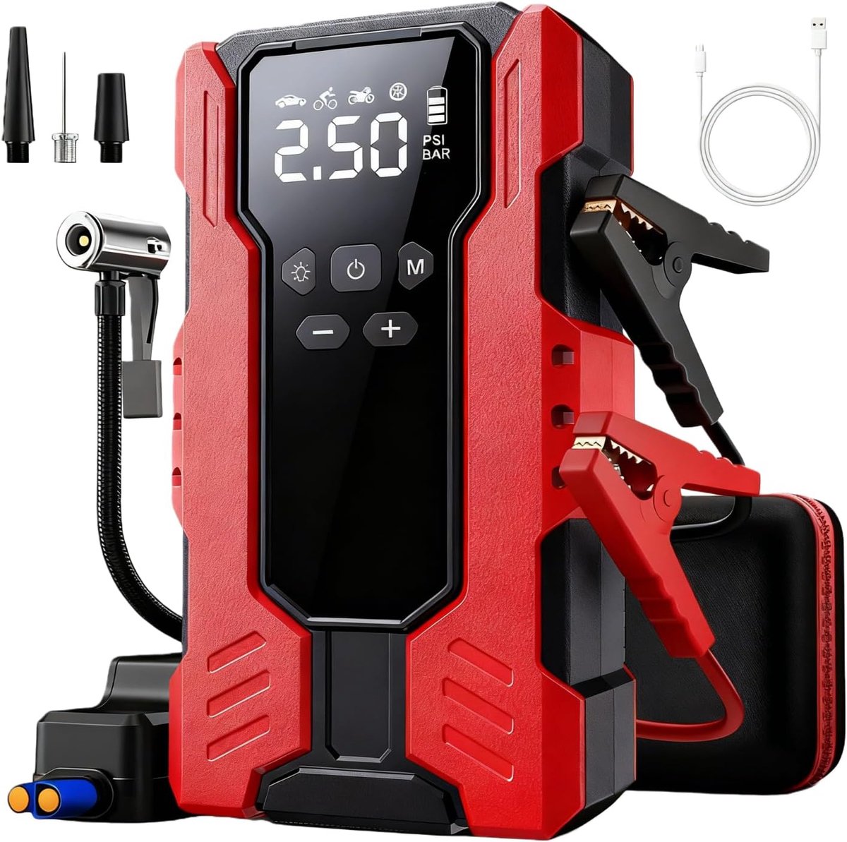 6000A startbooster met 150PSI luchtcompressor, 12V draagbare auto-accubooster voor 9,5L benzine/6,5L diesel, 39800mAh powerbank met LED-lampje en startkabels, opbergkoffer