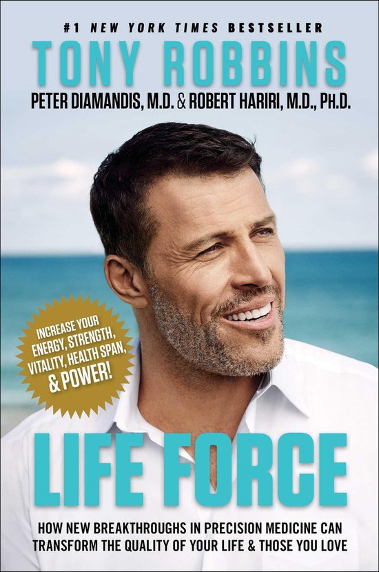Boek "Life Force" van Tony Robbins, Peter Diamandis en Robert Hariri met een foto van Tony Robbins.
