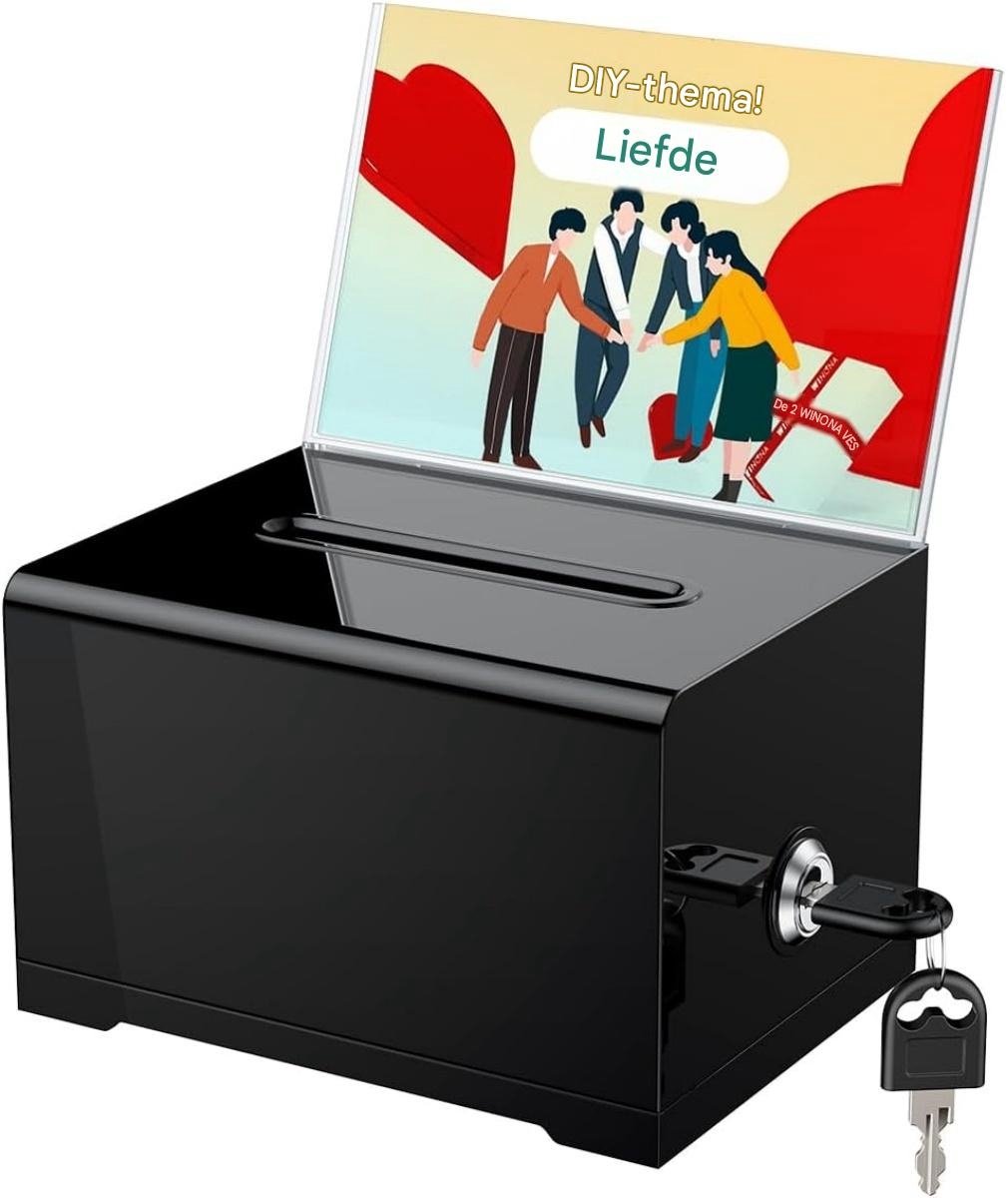 SSTRWGOOD Geldkist - Donatiebox met Sleutelslot - Stembox met Schilderhouder - 16x12x10 cm - Zwart Acryl - Geschikt voor Stemmen, Goede Doelen en Fooieninzameling