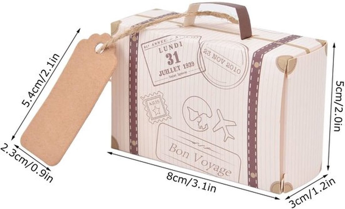 Koffer Snoepdozen Mini - 50 Stuks - Vintage Kraftpapier - Huwelijksgeschenken - Feestdecoraties - 8x5x3 cm - Inclusief Tags en Touwtje - Snoepdoos