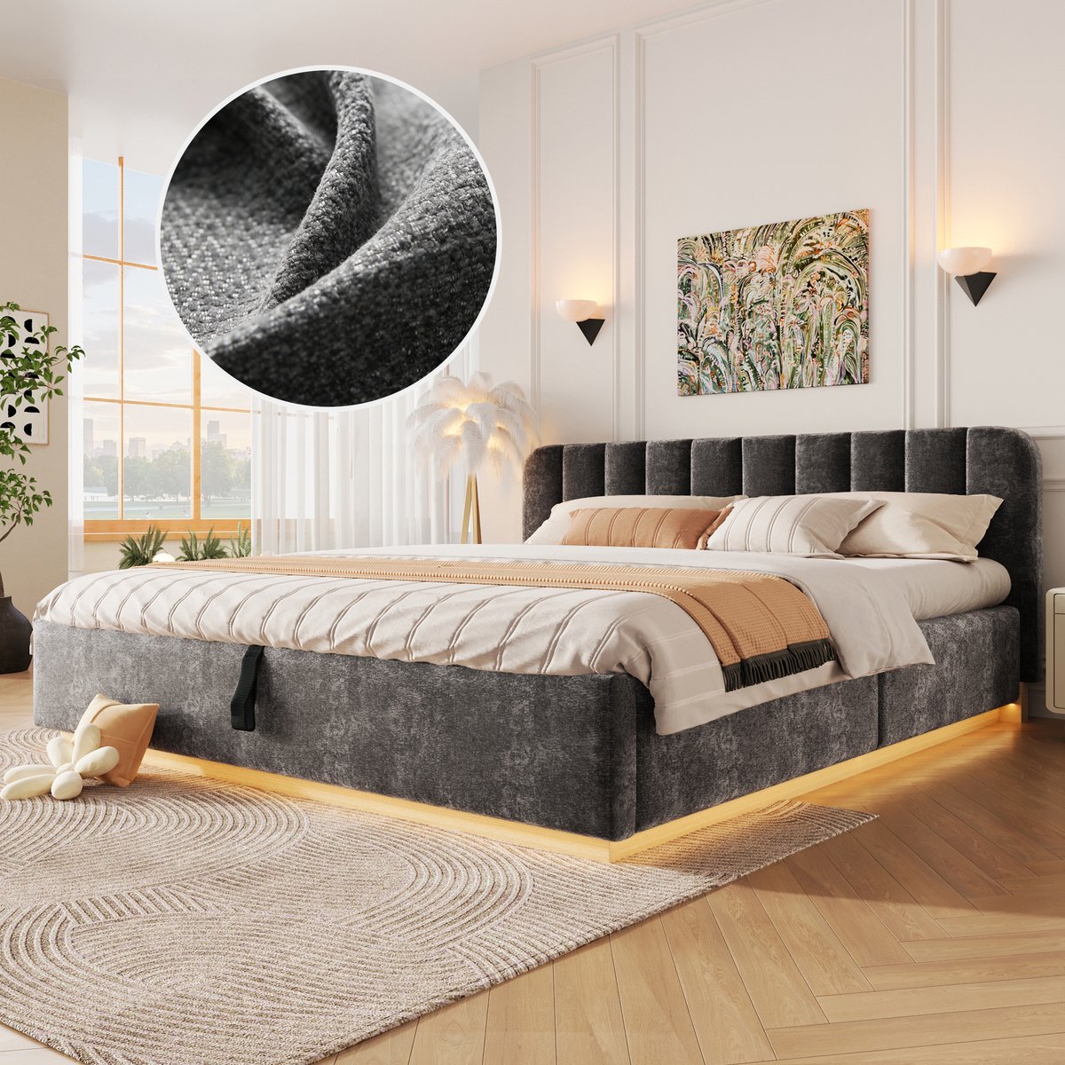 Gestoffeerd Bed 180x200 cm - Met LED-Verlichting - Met Opbergruimte - Met Glijbaan - Grijs