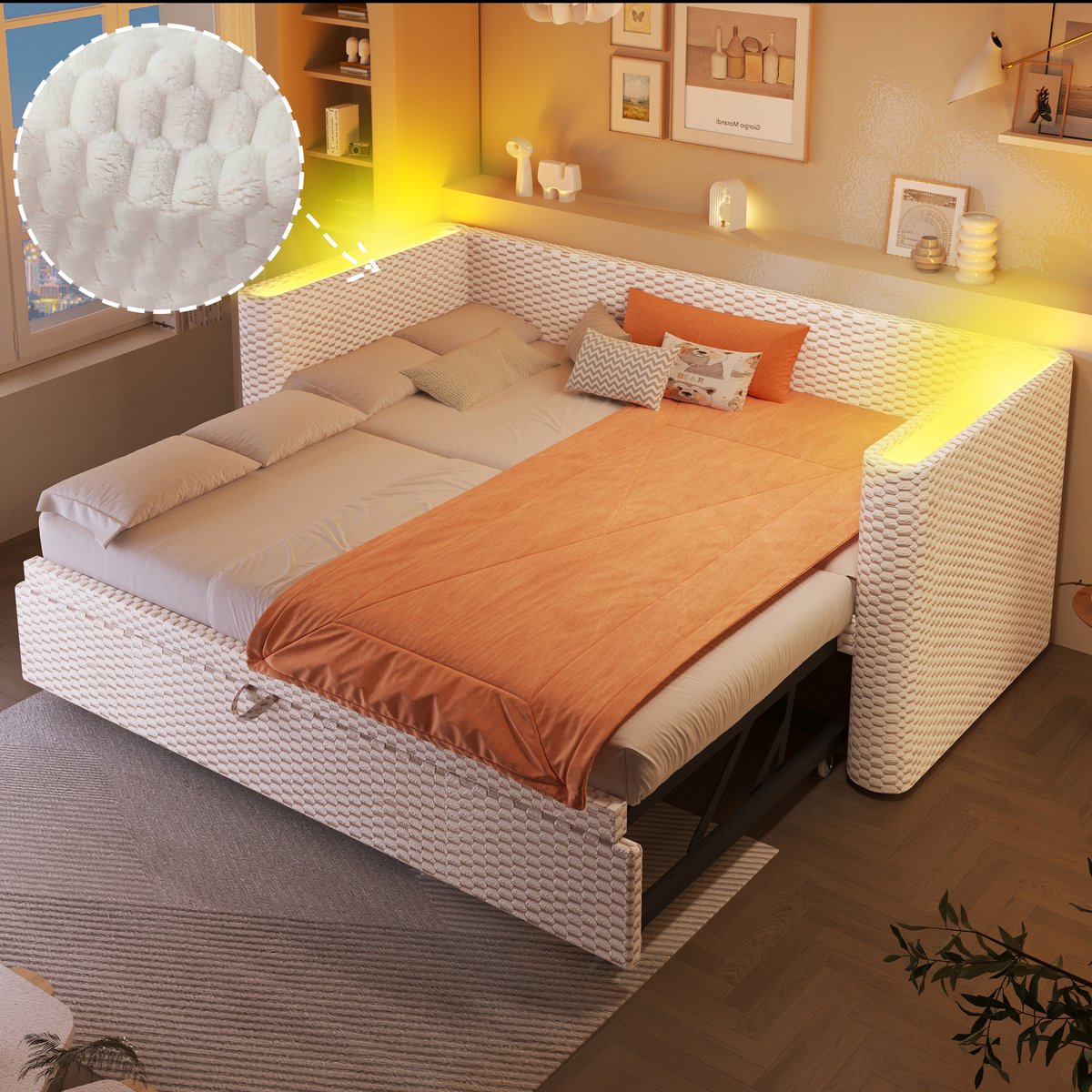 Dagbed 90x200 cm - Met LED-Verlichting - Uittrekbaar - Incl. Lattenbodem - Beige