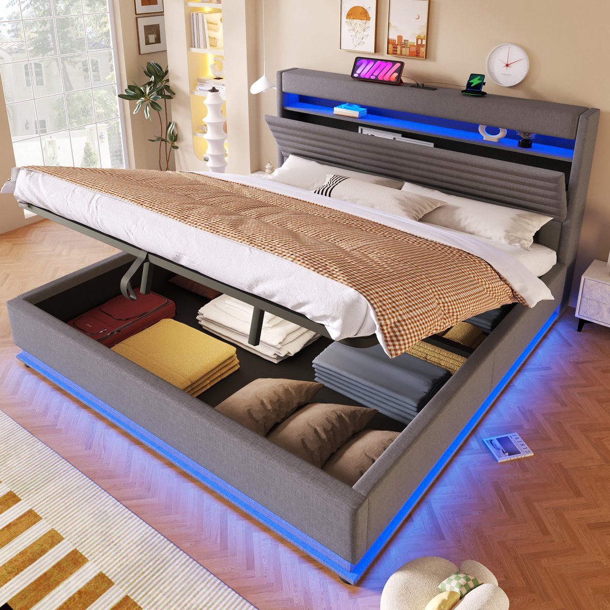 Gestoffeerd Bed 180x200 cm - Met LED-Verlichting - Met Opbergruimte - Met USB-Oplaadpunt - Grijs