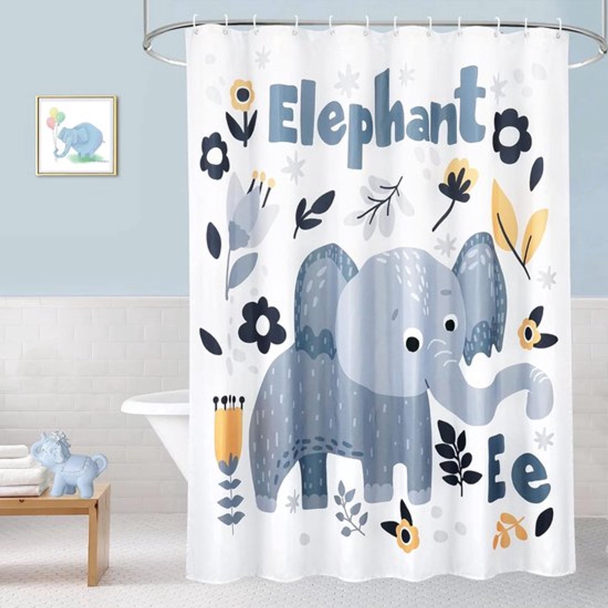 Douchegordijn, 3D digitale print, 180 x 200 cm, schattige olifant in de douche, textielstof, antischimmel, waterdicht, wasbaar, badgordijn met 12 ringen