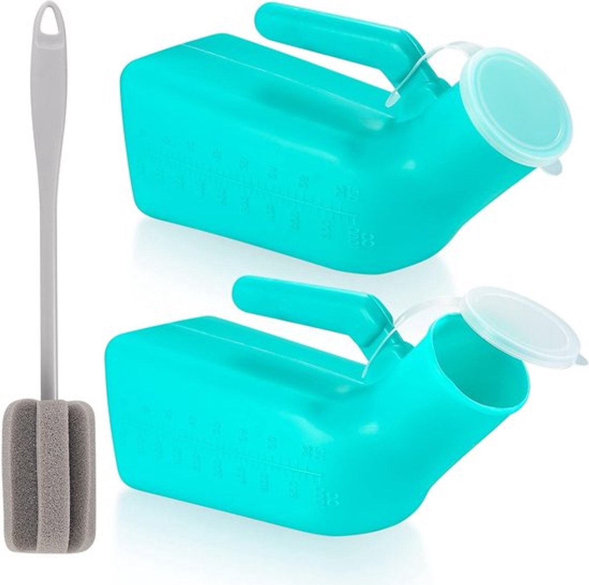 Set van 2 draagbare urineflessen van 1000 ml voor mannen, ideaal voor reizen, noodgevallen en kamperen, inclusief reinigingsborstel