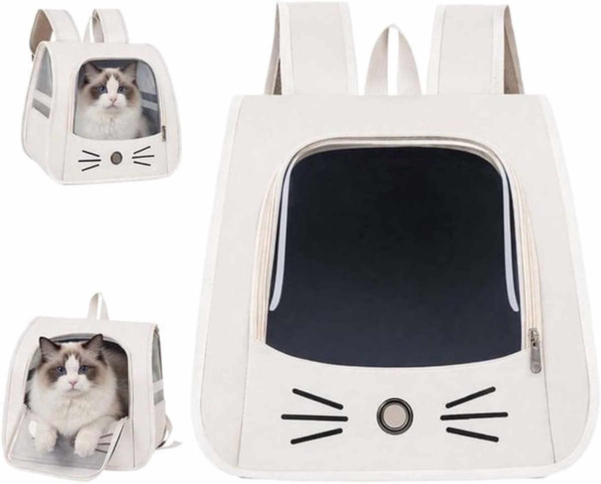Draagbare en opvouwbare kattenrugzak, ademend ontwerp met gaasvenster voor kleine huisdieren zoals katten en honden, beige en wit