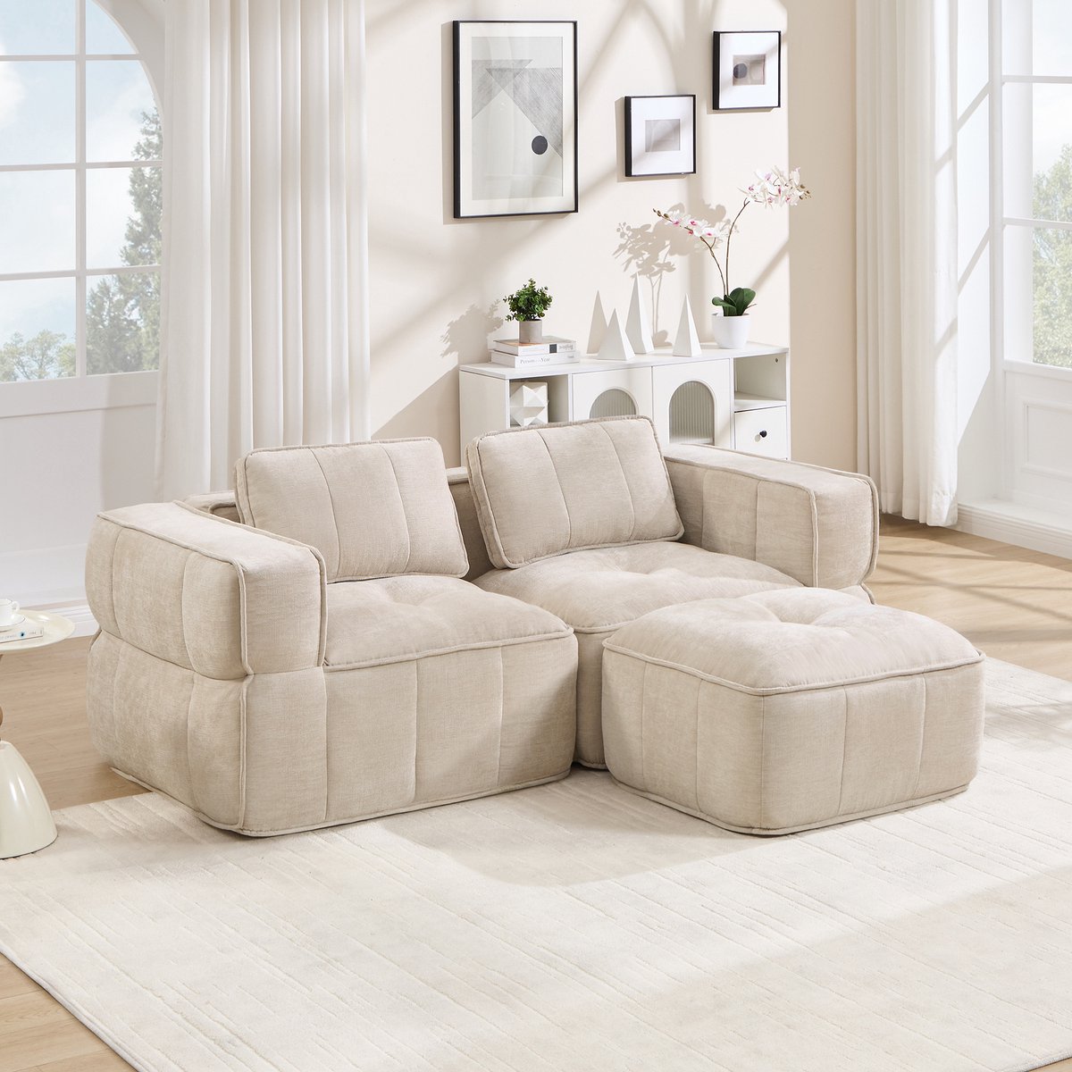 HAUSS SPOLE Hoekbank - Modulaire 2-Zits Bank Met Hocker - Diepe Zit En 32D Schuim - Voor Woonkamer En Appartement - Polyester Beige