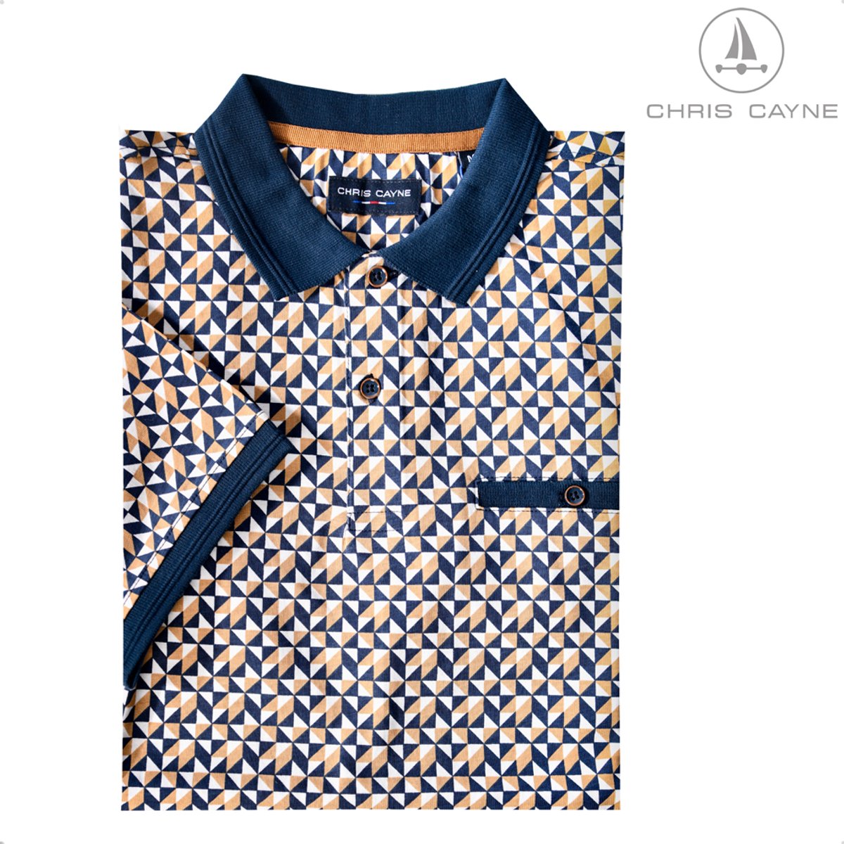 CHRIS CAYNE heren poloshirt - Offwhite/Camel - L - Heren - Knopen - Paspelzakje - Jersey - Geprint - 100% Katoen