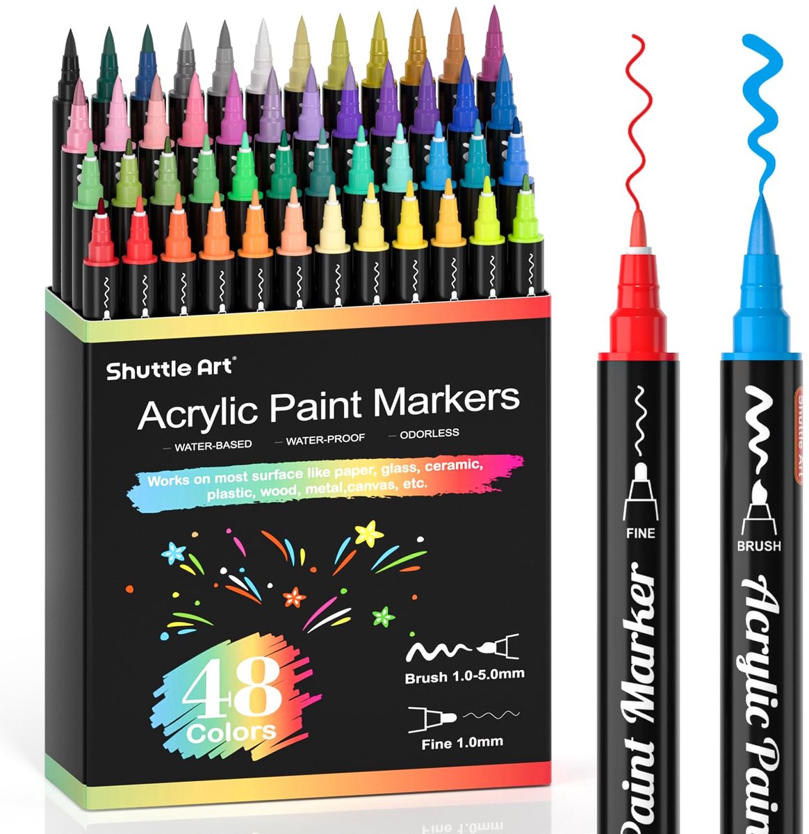 Acrylmarkers 48 Kleuren – Dubbele Punt Brush & Fine – 12 Metallic Kleuren – Voor Steen, Glas, Hout & Keramiek