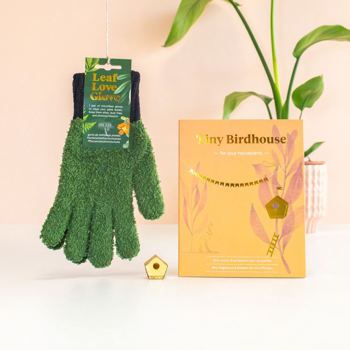 Cadeau Plantenliefhebber - Brievenbus Cadeau Verjaardag - Microvezel Handschoen Plant - Tiny Birdhouse - Vogelhuisje voor je kamerplant - Cadeaupakket - Brievenbuspakket - Relatiegeschenken Bedankt - Brievenbus Cadeau Verjaardag - Brievenbuscadeau
