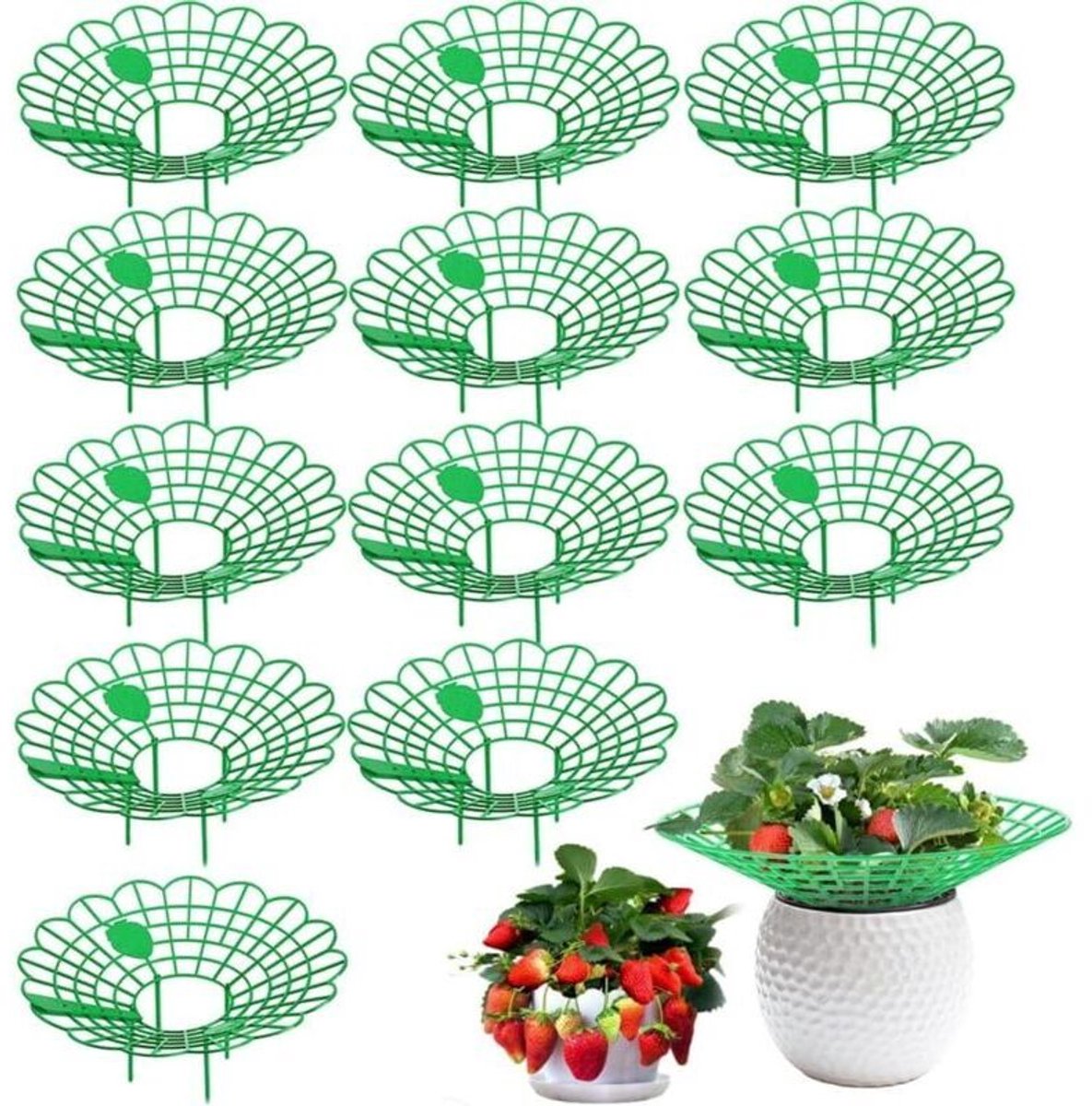 Een set van 12 (groene) aardbeiensteunen, steunen geschikt voor aardbeienplanten, steunen geschikt voor kleine, volwassen aardbeienplanten, gaassteunen geschikt voor aardbeienplanten op het balkon, ter bescherming van aardbeien.