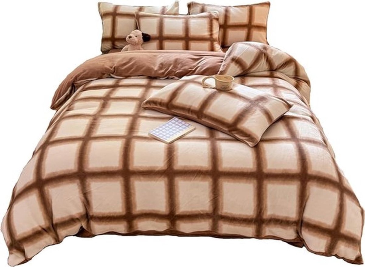4-delige beddengoedset van flanellen dekbedovertrek in koffiekleurig roosterpatroon - wintermelkfluweel - 200x230 cm - inclusief laken van 230x250 cm - voor slaapkamer thuis.