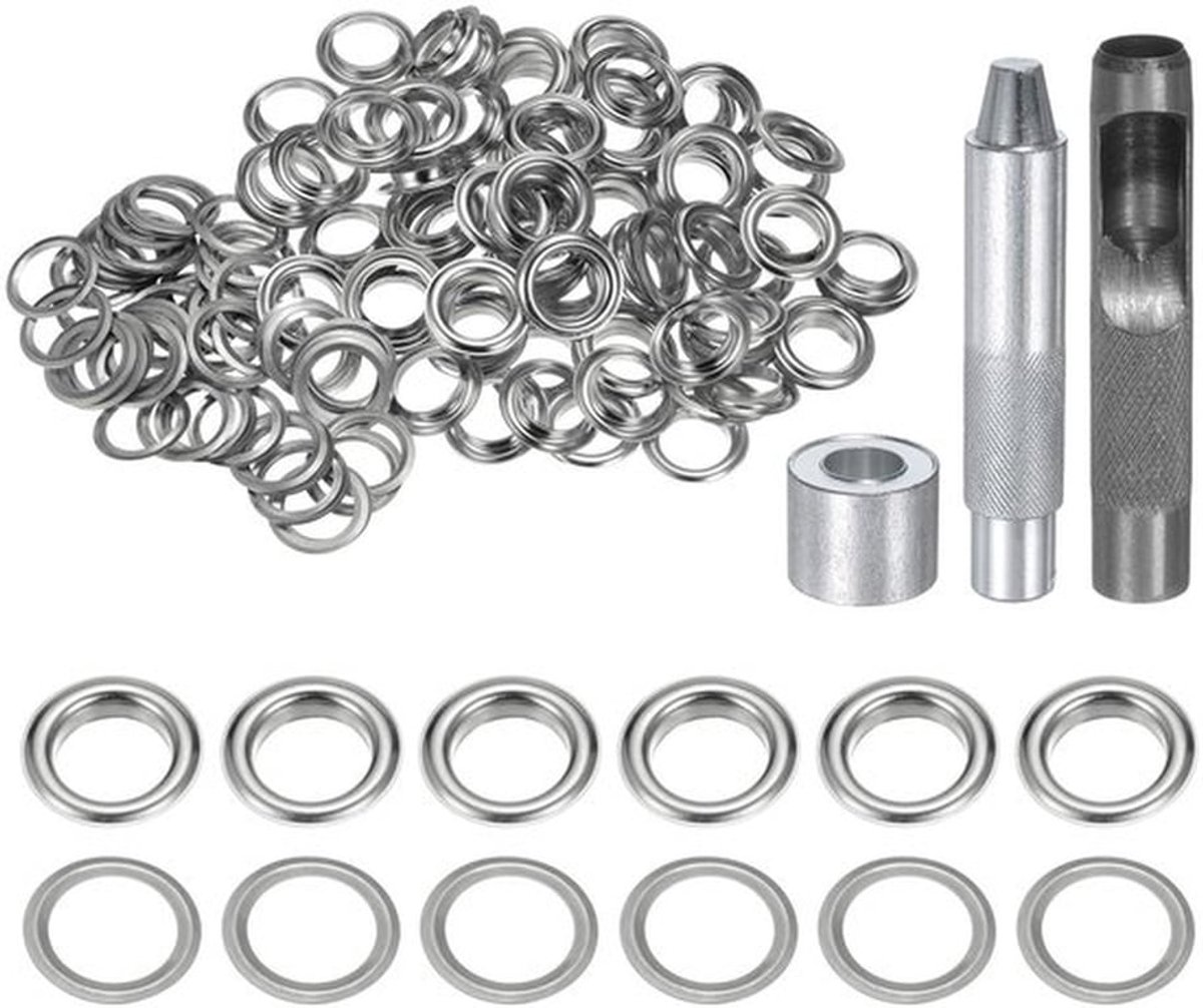 QUARKZMAN Set van 100 ogen 14 mm koper met perforator, perforator voor ogen, gereedschap voor oogjes voor kleding van leer, stof, zilverkleurig