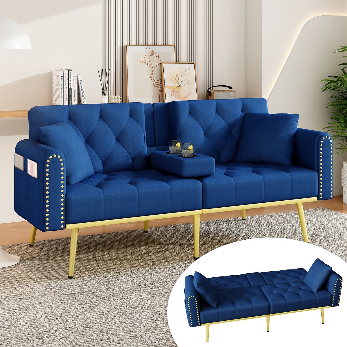 MODFU - Slaapbank - Verstelbare Rugleuning - Blauw - Velvet - 2-Zits