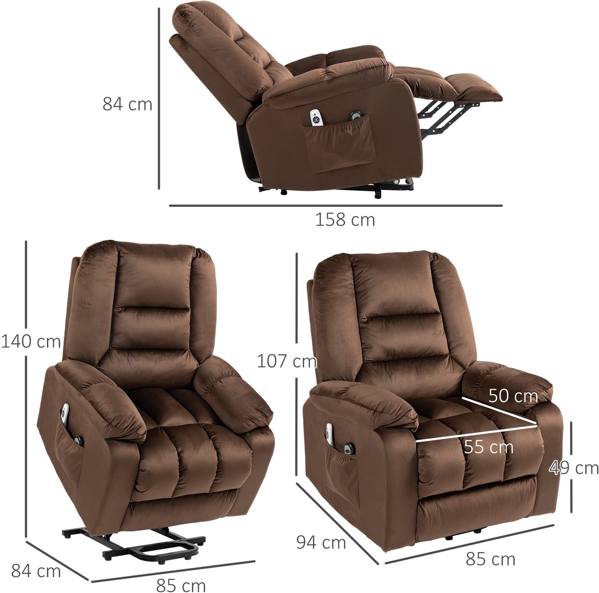 Fauteuil Relax Lift Recliner Massage Verwarmd Fluweel Bruin – foto 5