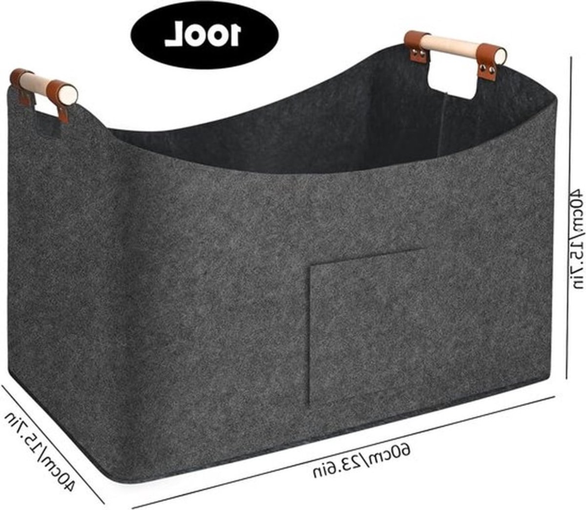 XXXL Houten mand voor haardhout, 100 liter, 60 x 40 x 40 cm, met antislip handgrepen en voorvak, opvouwbare vilten mand, haardhout voor boodschappen, hout, kranten of brandhout