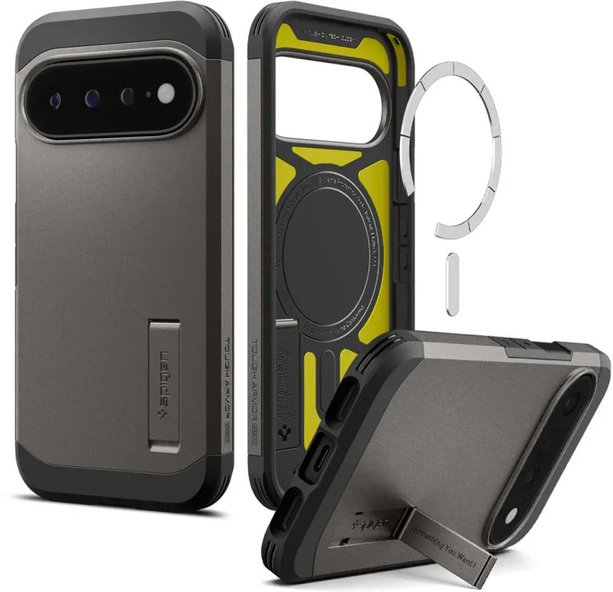 Spigen Tough Armor Hoesje Geschikt voor Google Pixel 11 Pro XL | Compatibel met MagSafe / Qi2 | Back Cover Militaire Standaard | Kickstand | Gunmetal