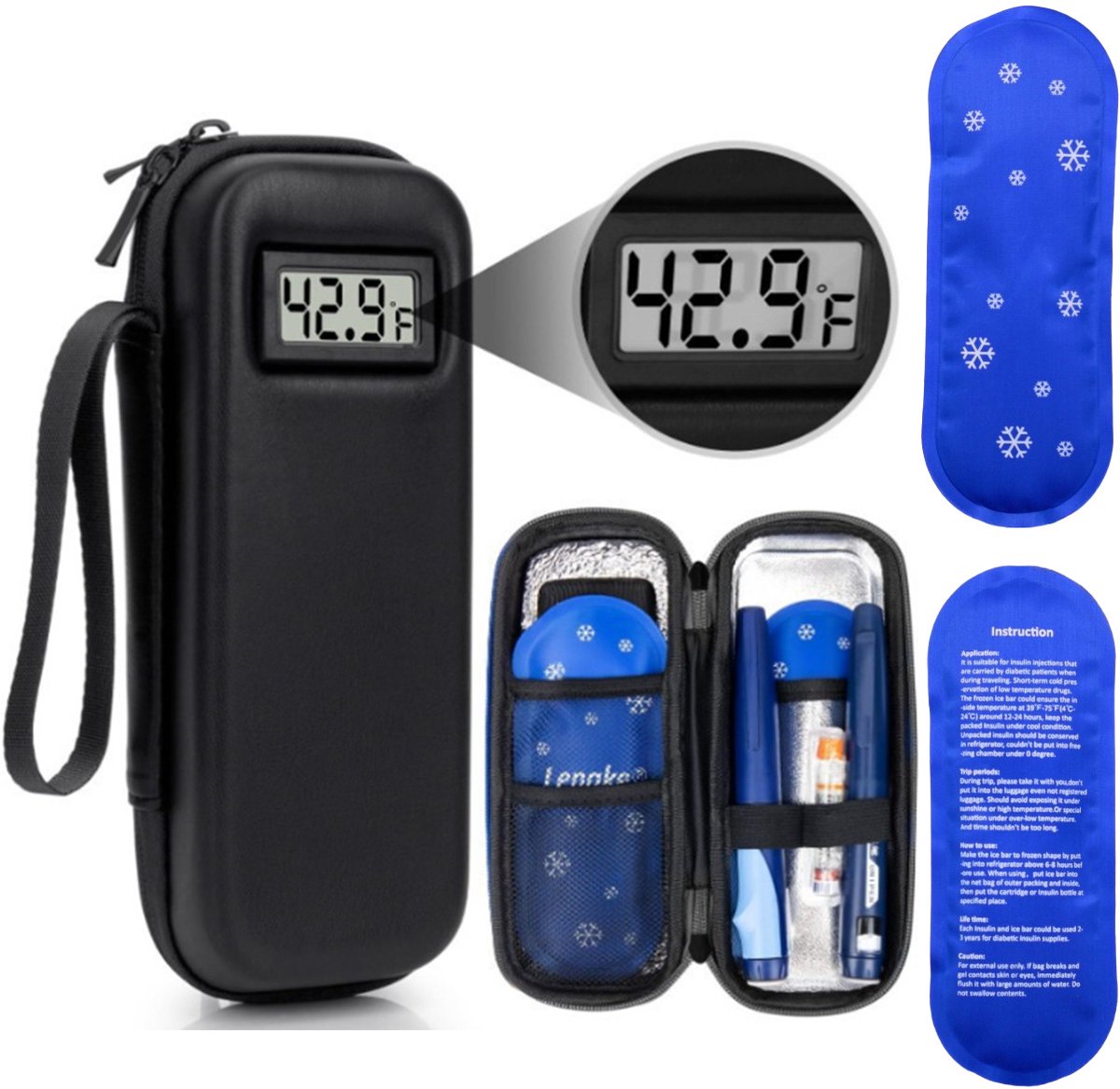 Insuline Koeltasje met Temperatuurweergave - Gekoelde Reisdoos met 2 Koelelementen - Waterdichte Diabetes Tas met EVA Harde Schaal - Isolerende Insuline Etui voor Reizen, Camping en Dagelijks Gebruik