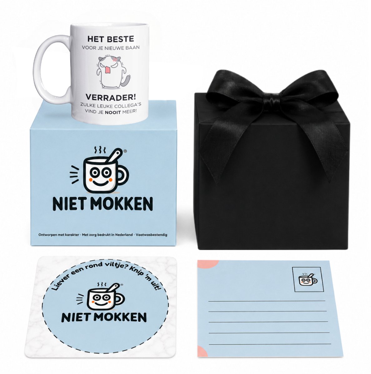 NietMokken.nl – Mok Cadeauset – Cadeau Nieuwe Baan Collega – Het Beste Voor Je Nieuwe Baan Verrader – Afscheidscadeau Collega – Inclusief Cadeaudoos, Kaartje & Viltje – Aan beide zijden bedrukt
