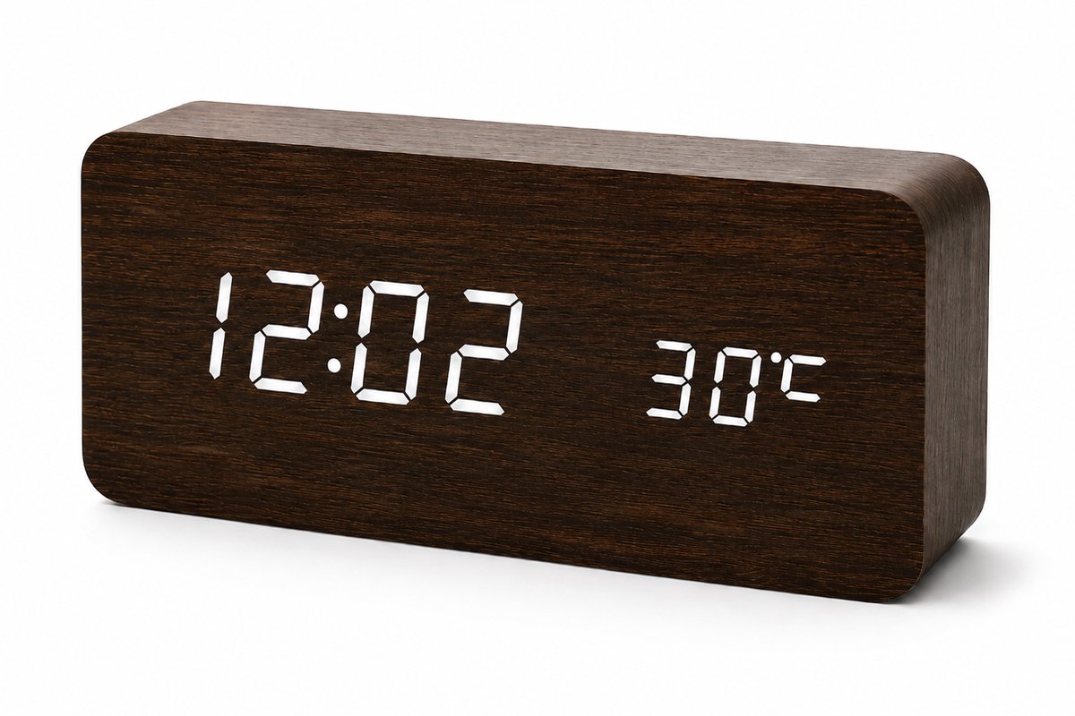 AXBO Digitale Houten Wekker – LED Display – 3 Alarmen – Sound Control – Temperatuurweergave – USB + Adapter Inclusief - Donker bruin