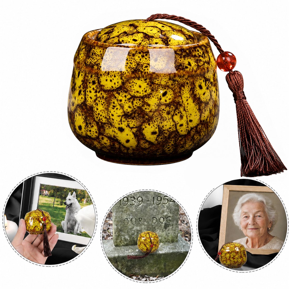 Kleine Keramische Herdenkingsurn - Mini Crematieurn 52ml voor Huisdieren en Menselijke As - voor Kleine Hoeveelheid As - Decoratie voor Thuis en Begraving - Geel