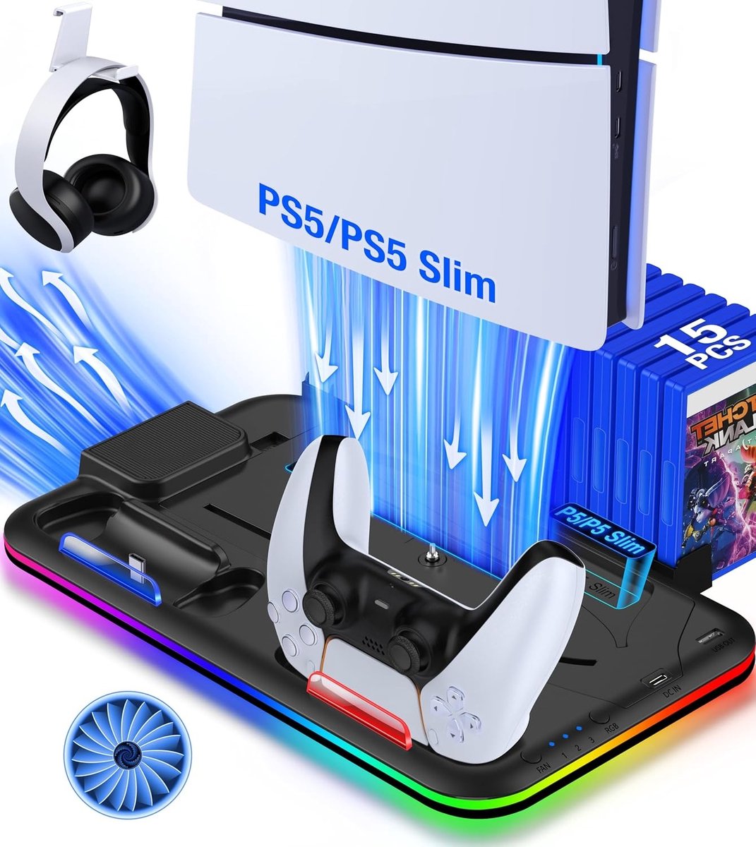 PS5 Cooling Station & Controller Oplaadstation met RGB Verlichting – Charging Dock, Controllerhouder & Headsethouder – Geschikt voor PS5, PS5 Slim, PS5 Pro, Digital & Disc Edition – Zwart